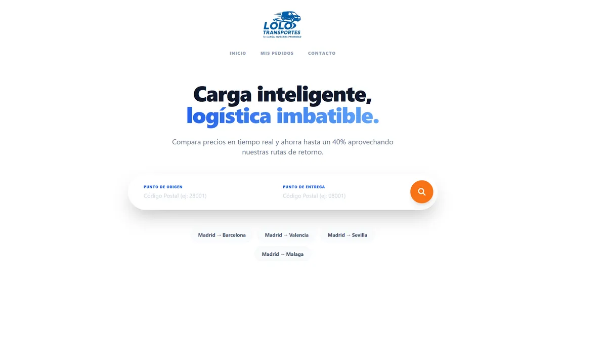 Proyecto web: lolo transportes - Plataforma de logística inteligente para transporte de carga. Comparación de precios en tiempo real con ahorro de hasta un 40% aprovechando rutas de retorno.