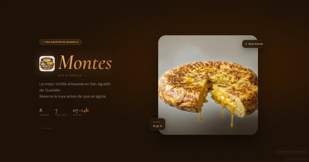 Proyecto web: montes - Demo para Café & Tortilla Montes. Carta digital, sistema de encargos online y acceso directo a WhatsApp y ubicación.